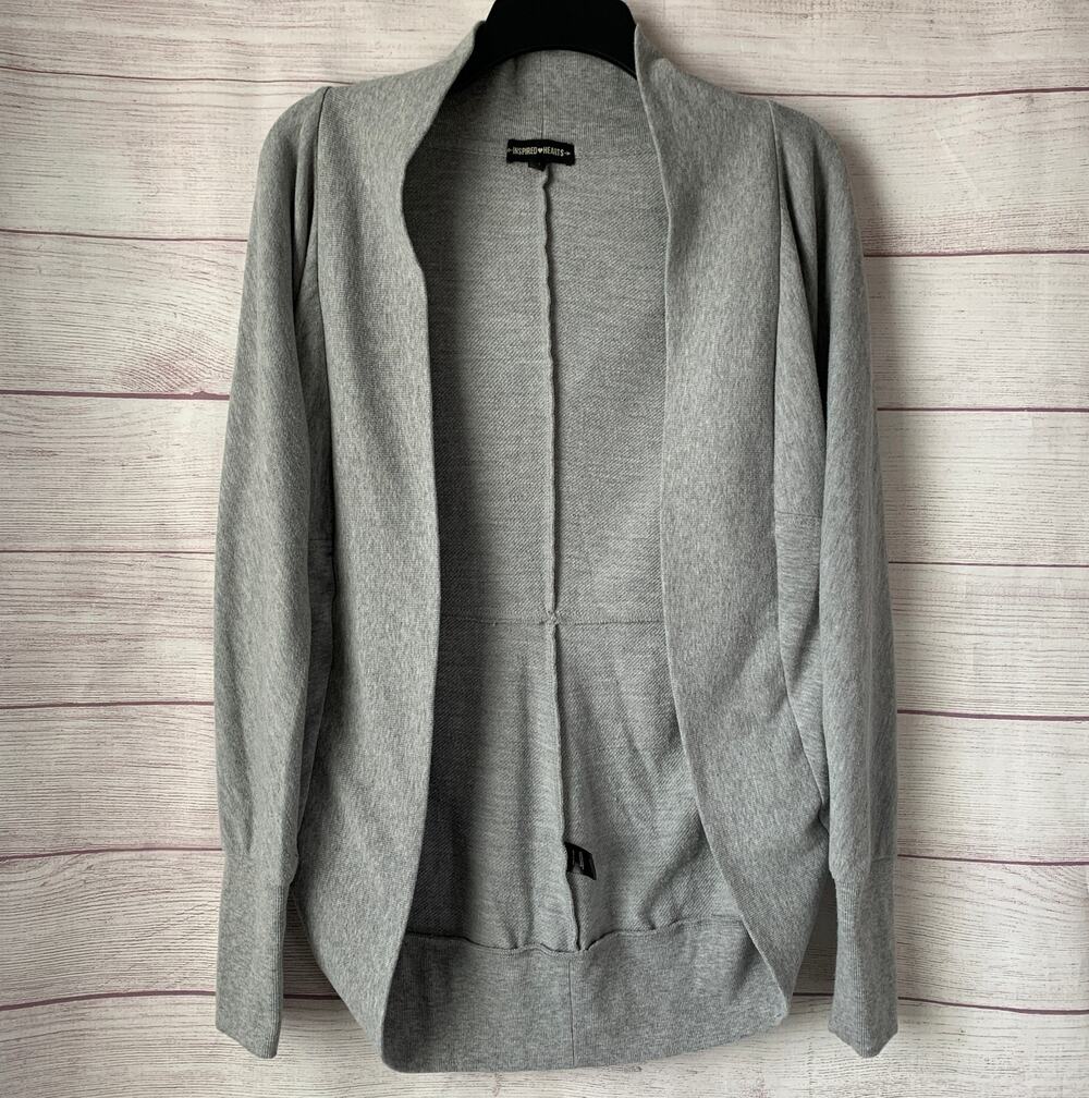 Inspired Hearts Grey Open Front Cardigan Long Dolman Sleeves Size M
